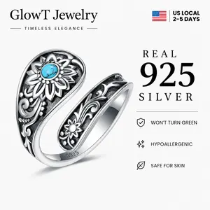 S925 Sterling Silver Turquoise Lotus Open Ring - Vintage Oxidized Floral Spoon Ring with Natural Turquoise, Hypoallergenic Adjustable Band for Sensitive Skin, Witchy Boho Jewelry for Spiritual Rituals & Earth Magic