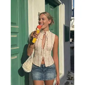 Cider Cotton-blend Floral Stand Collar Tie-Neck Cami Top Cider Cotton-blend Floral Stand Collar Tie-Neck Cami Top