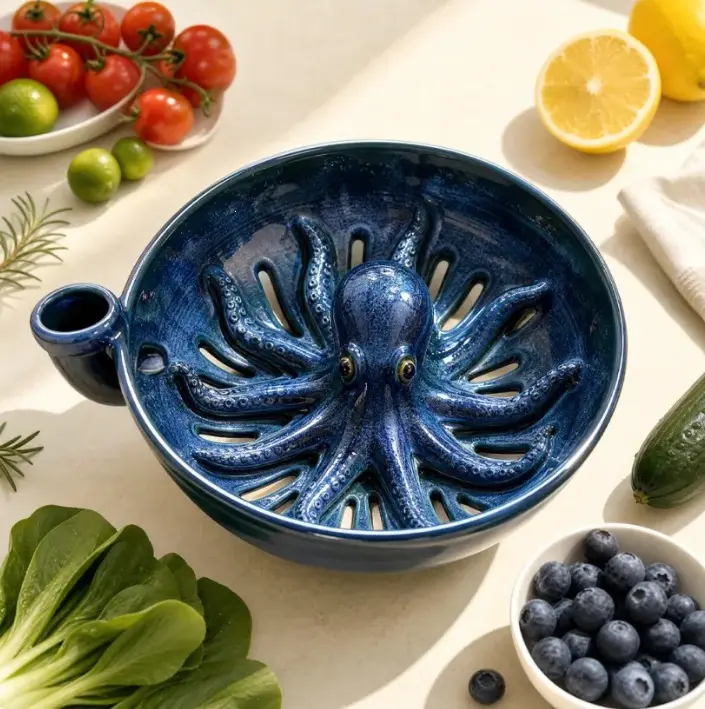 Octopus Shaped Berry Colander Bowl, Decorative Fruit Vegetable Strainer with Drain Spout, Kitchen Draining Bowl for Berries, Fruits, Veggies & Countertop Decor