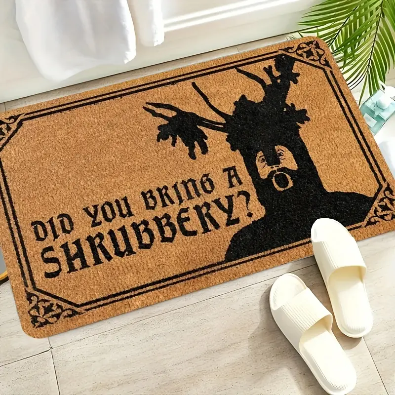 Monty Python Novelty Welcome Mat - Rustic Anti-Skid Non-Woven Fabric, Knights Print "Did You Bring A Shrubbery?" Movie Quote, Durable Indoor-Outdoor Front Door Rug, Machine Wash/Rinse/Wipe Clean, Rollable Housewarming Gift Decor