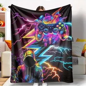 Gaming Zone Flannel Blanket, Neon Controller Print, UltraSoft, Lightweight, Warm, Comfortable, Perfect for Gamers' Room, Streaming Setup, Cozy Living Room, Holiday Gift.