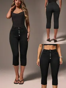 Women's Plain Button Pocket Split Hem High Waist Skinny Capri Pants, Casual Comfy Capri Trousers for Daily Wear Everyday, Ladies Bottoms for All Seasons