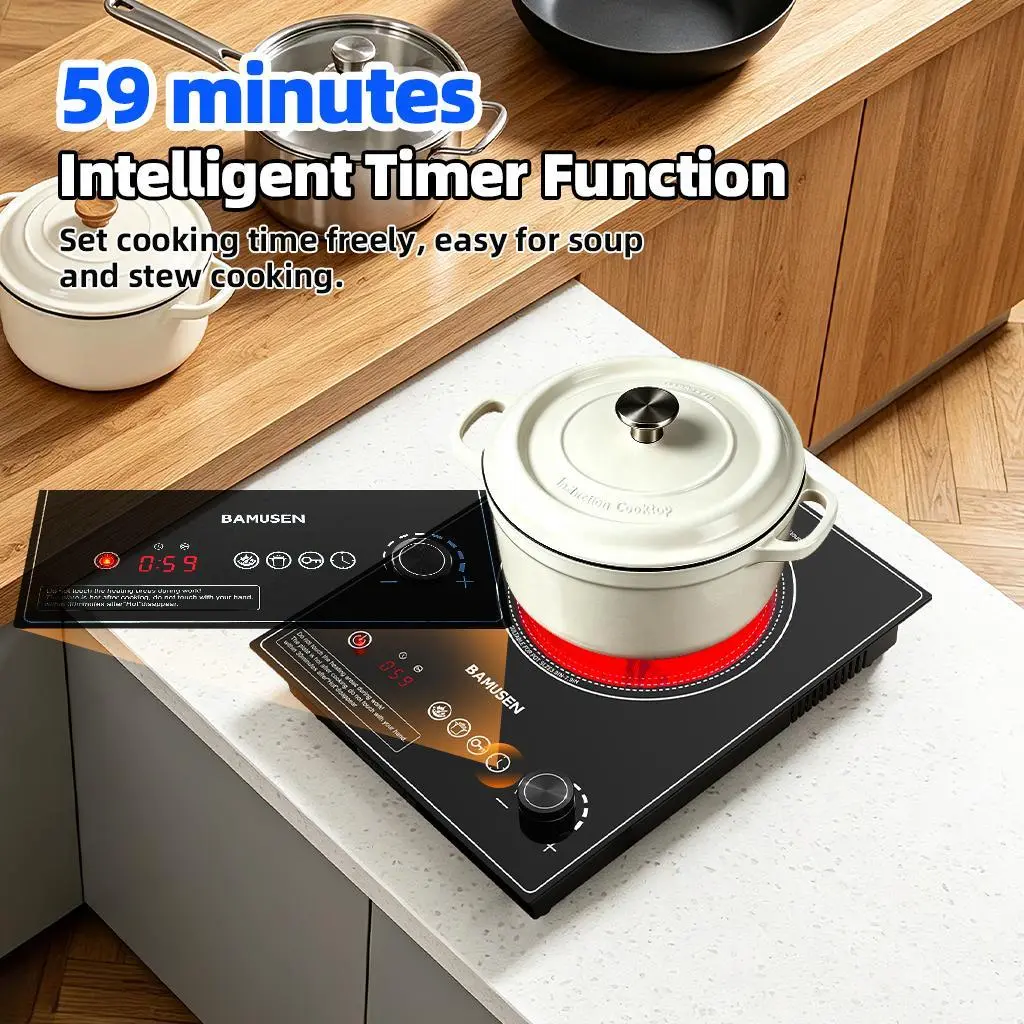 BAMUSEN Portable & Embeddable Electric Ceramic Cooktop, 1800W High Power Stove, 9-Level Adjustable Power & Temp Control, 2H Timer, Built-In Child Safety Lock, Easy-to-Clean, Compatible with All Cookware Types, Ideal for Home Kitchen & Outdoor Cooking Appl