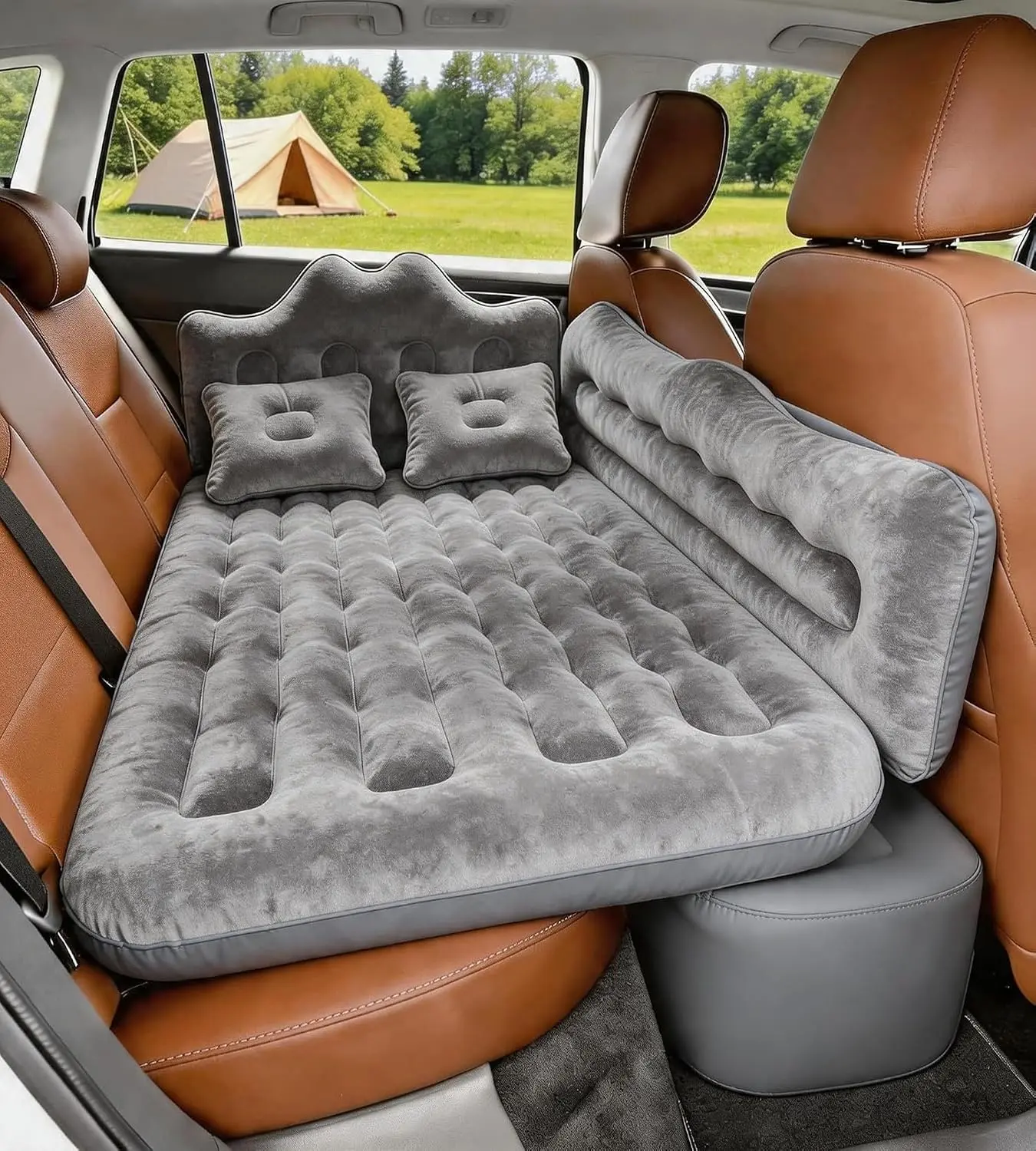 UMBRAUTO Inflatable Car Air Mattress for Back Seat, Flocked Portable Airbed for Car Camping and Outdoor Sleep, Fits SUVs and Trucks with Pump Included, Filling Pump