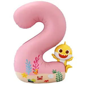 PartyWoo Baby Shark Pink Foil Number 2 Balloon 40 Inch Pink Mylar Helium Birthday Number Balloons for Girls and Boys Baby Shark Under the Sea Ocean Theme Kids Second Birthday Party Decorations