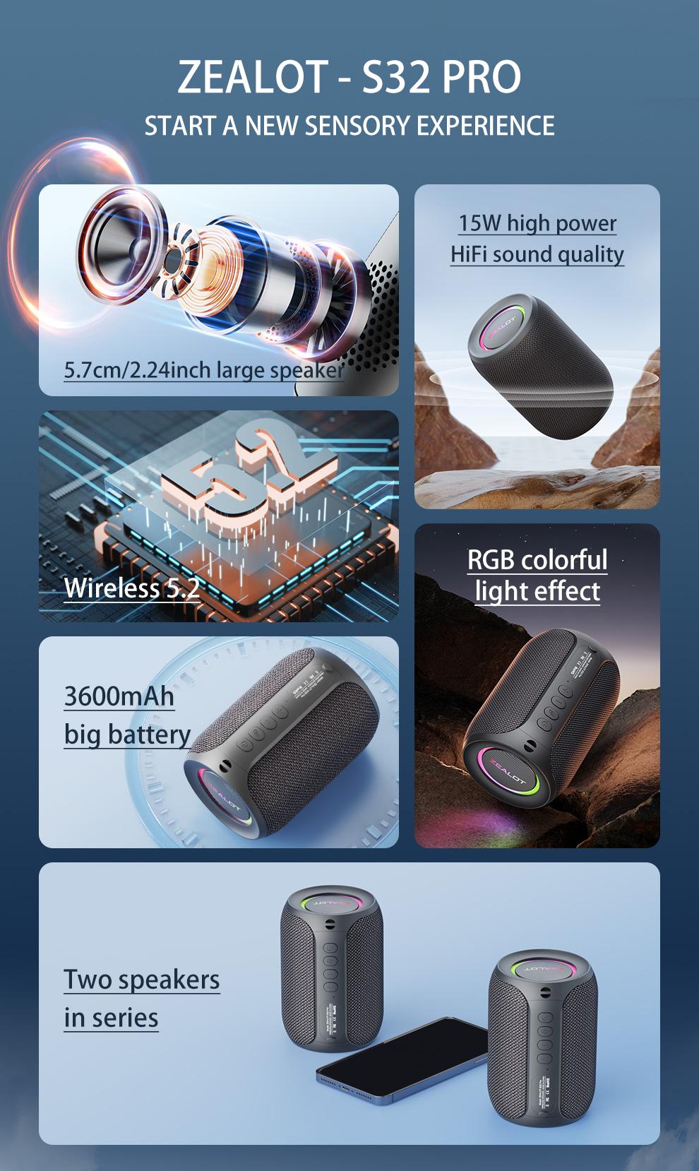 ZEALOTs S32 Pro Portable Wireless Speaker, 15W Long Standby Speaker with RGB Light Effect, Rechargeable Bluetooth-compatible Speaker for Home Outdoor Camping, Multifunctional Wireless Speaker, Outdoor Wireless Speakers