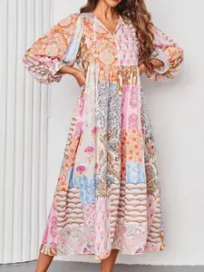 Plus Size Boho Geometric Print Long Dress, V-Neck Long Sleeve, Loose-Fit All Seasons Fashion, Woven Plain Fabric, Bohemian Style