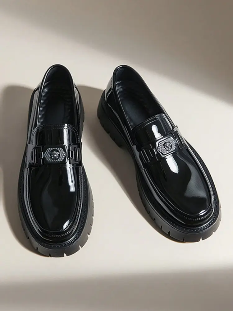 ONXITOM Men's Patent Leather Platform Loafers - Stylish Anti-Slip Lug Sole Slip-On Footwear, Comfortable Round Toe Loafer Shoes for Business Office & Casual, Men's Shoes, Anti-Slip Loafers