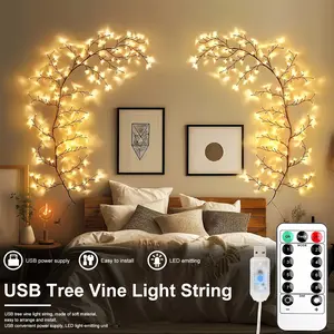 USB Tree Vine Light String 2-Pack 96 LED 6-Foot Brown Woven Vine Fairy Lights with 8 Modes for Walls Tables Staircases Weddings Valentines Day Room Decor Christmas