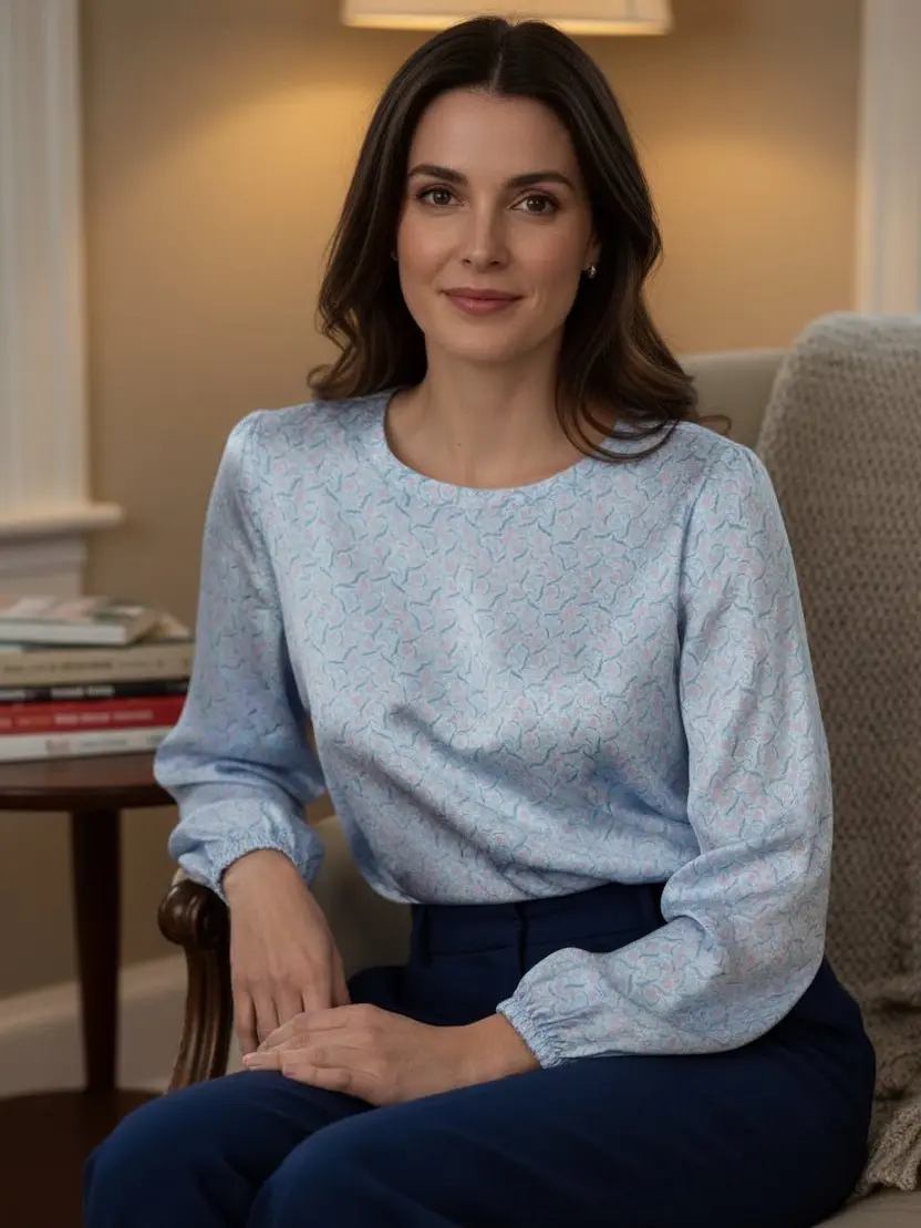 Silk Lilly Blouse - Fitted Long Sleeve Crew Neck Top with Button Embellishment for Autumn - Basic Minimalist Womenswear