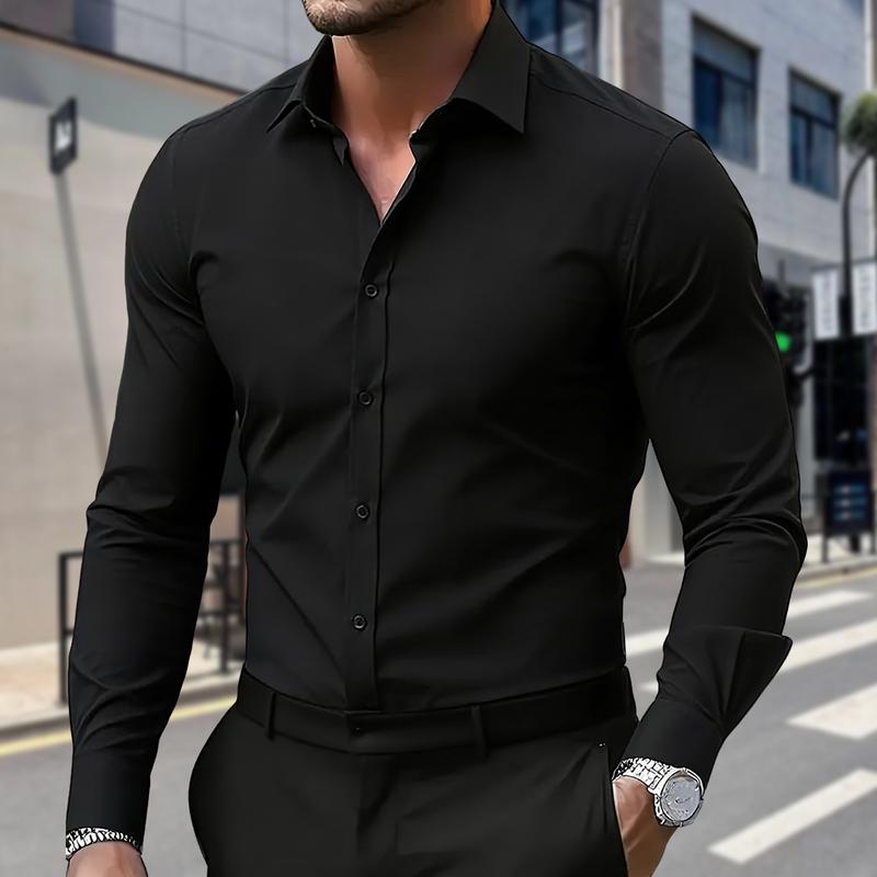 Men's Business Shirt - Simple and Minimalist Daily Wear for Work Settings. Durable and Long-lasting High-Quality Sewing. Smooth Texture. Classic Colors of Black, White and Blue. Breathable with Ice Silk Technology, No Sweating Problem.