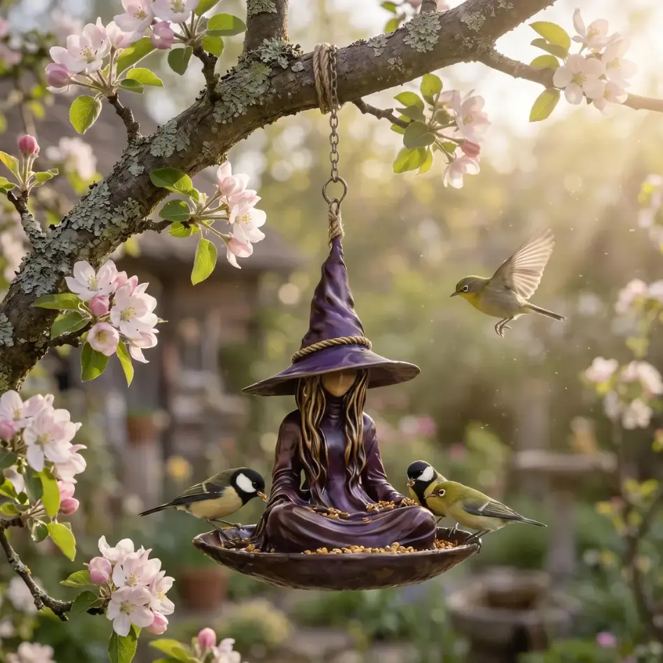Gothic Witch Bird Feeder, Weatherproof Resin Hanging Feeding Tray for Outdoor Garden, Purple Whimsigoth Fairy Statue with Mystical Charm, Unique Gift for Gardeners