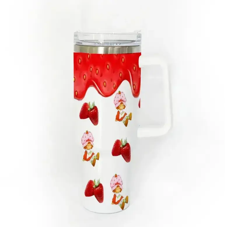 Strawberry Shortcake Inspired Tumbler 40oz With Handle, Strawberry Pattern Stainless Steel Insulated Travel Cup, Cute Retro Drinkware Gift For Fans