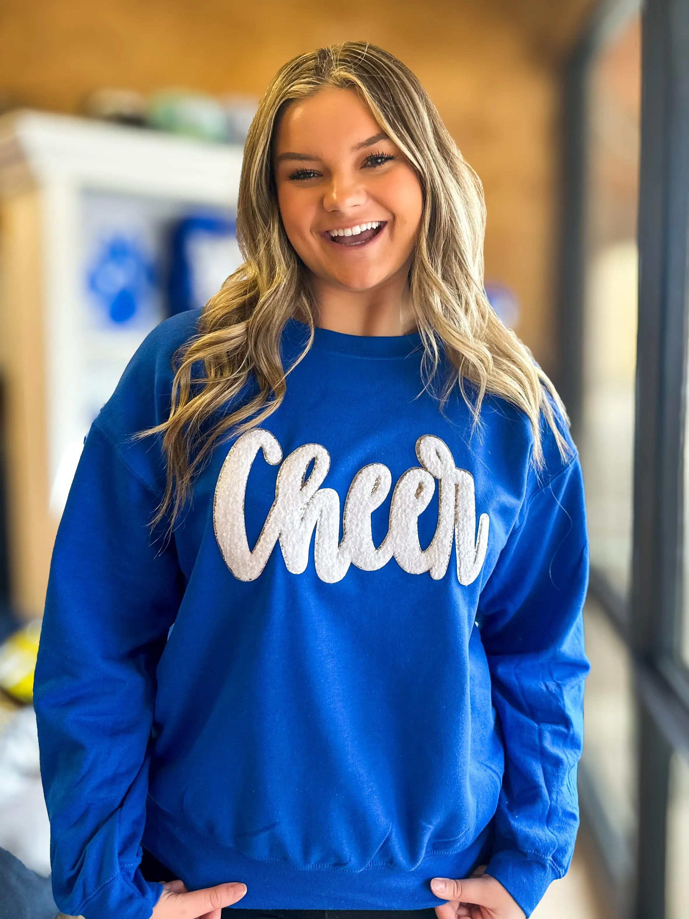White Cheer Script Chenille Sweatshirt White Cheer Script Chenille Sweatshirt