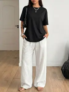Women's Summer Two-Piece Set, Breathable Short Sleeve T-Shirt with Linen Wide Leg Pants, Casual Loose Fit Home Basic, Womenswear Clothes