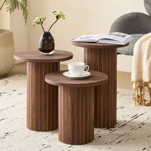3-Piece Nesting Coffee Table Set, Modern Small Round Wood Side Tables, Fluted Drum Base, For Living Room, Bedroom, Apartment, Small Space, Sofa