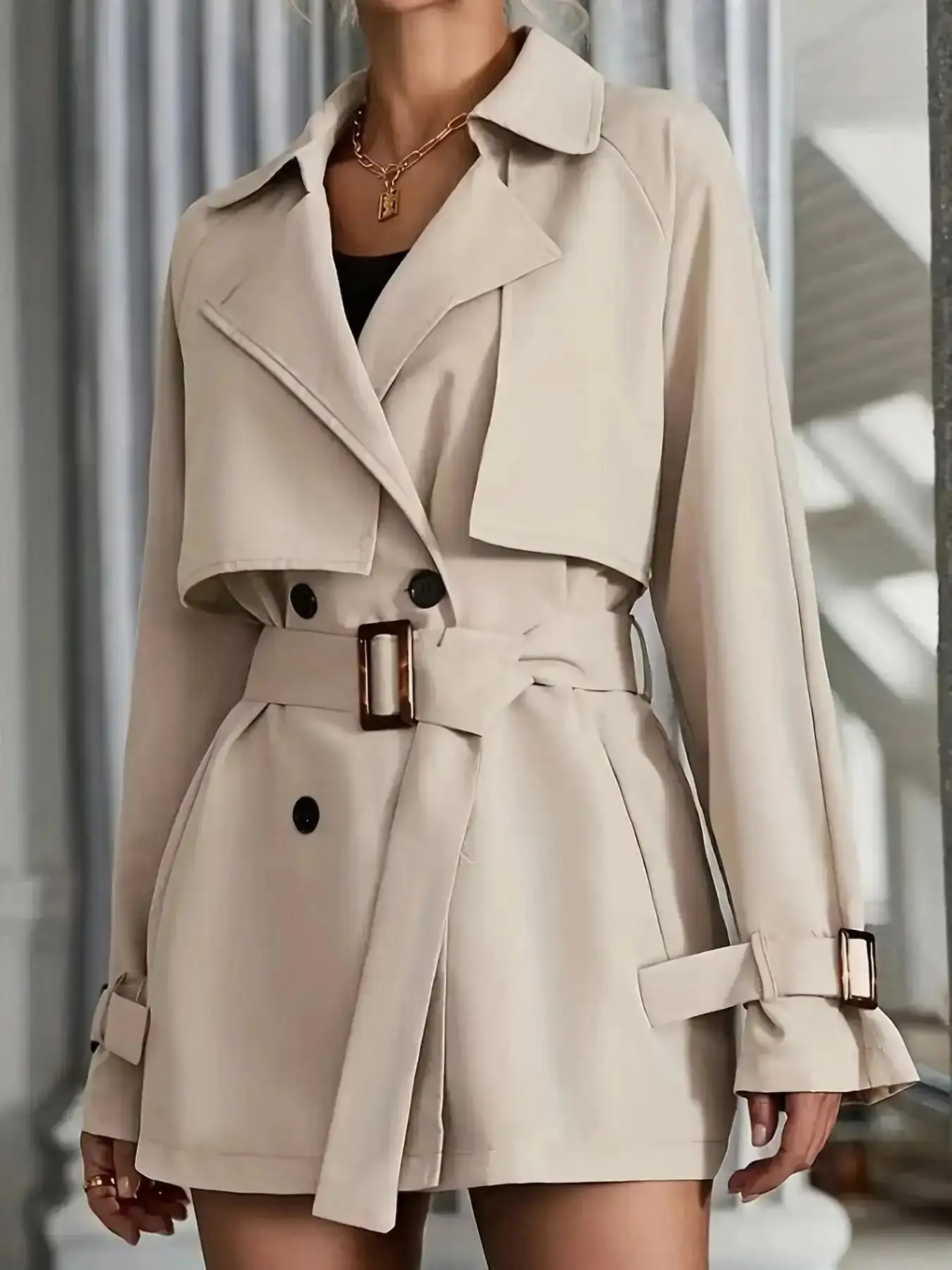 Stylish Short Women's Trench Coat Jackets Fitted Double Breasted Design with Waist Tie Belt Commuting and Casual everyday jacket weather ready cozy layer lightweight outerwear essential all season wear