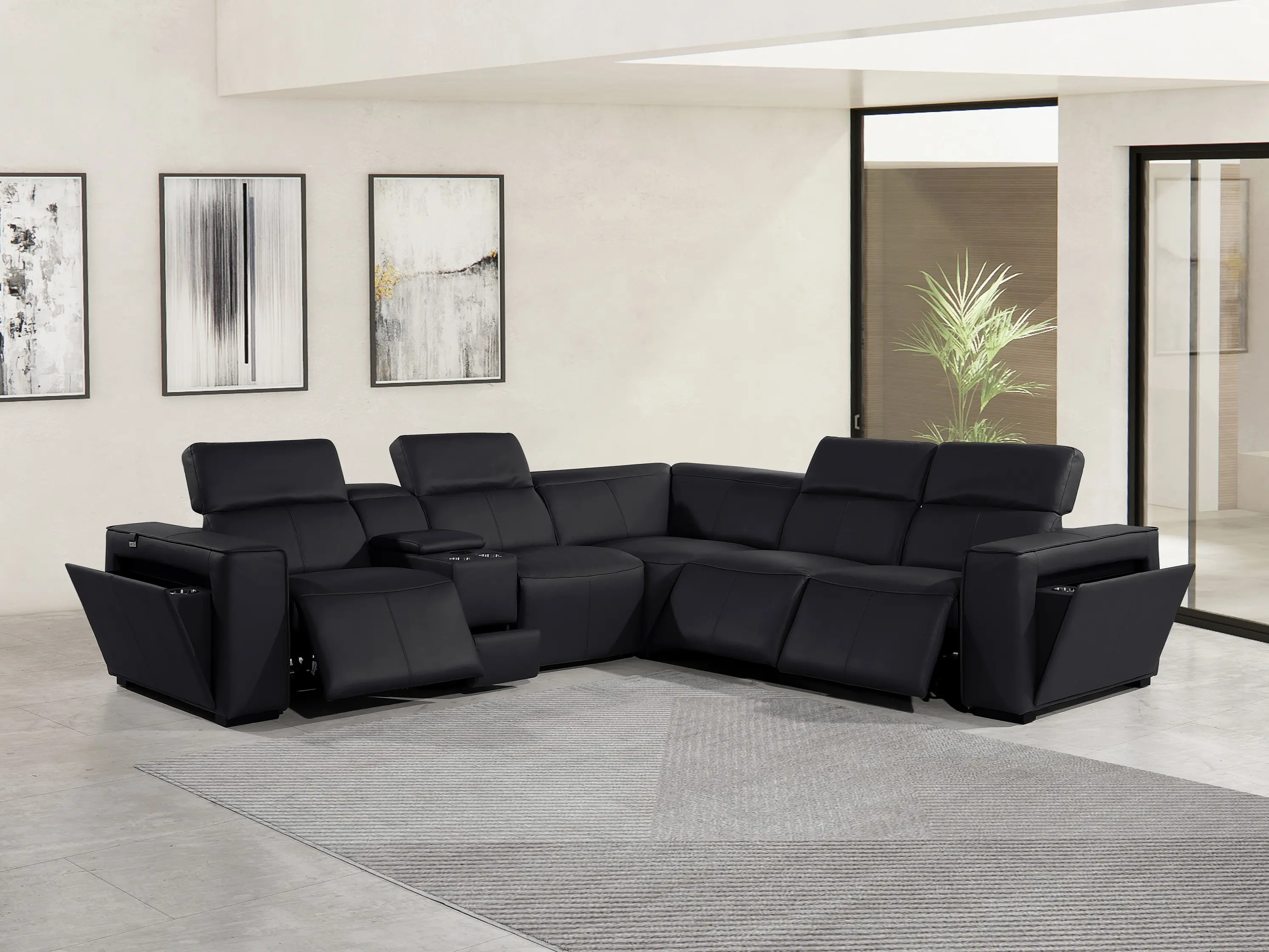 Global United 1224BK-6PC Divanitalia Black Italian Leather Power Reclining L-Shaped Sofa Sectional Couch, Modern Sofa Sets with Adjustable Headrests, for Indoor Seating Comfort, L Shaped Couch