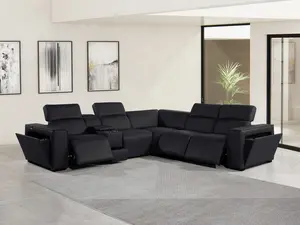 Global United 1224BK-6PC Orren Ellis Florence Black Italian Leather Power Reclining Sectional Sofa with Adjustable Headrests Modern Design Comfortable Seating