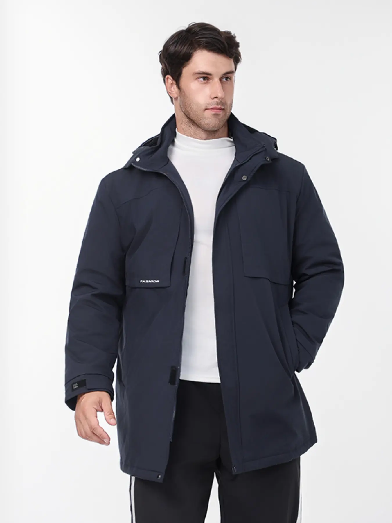 Men's Mid-Length Hooded Fleece Jacket, Detachable Hat, Windproof Warm Waterproof Fabric, Ideal for Winter Outdoor Activities