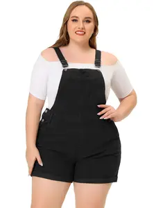 Agnes Orinda Plus Size Shorts Jumpsuit Roll Hem Pocket Jean Denim Overalls