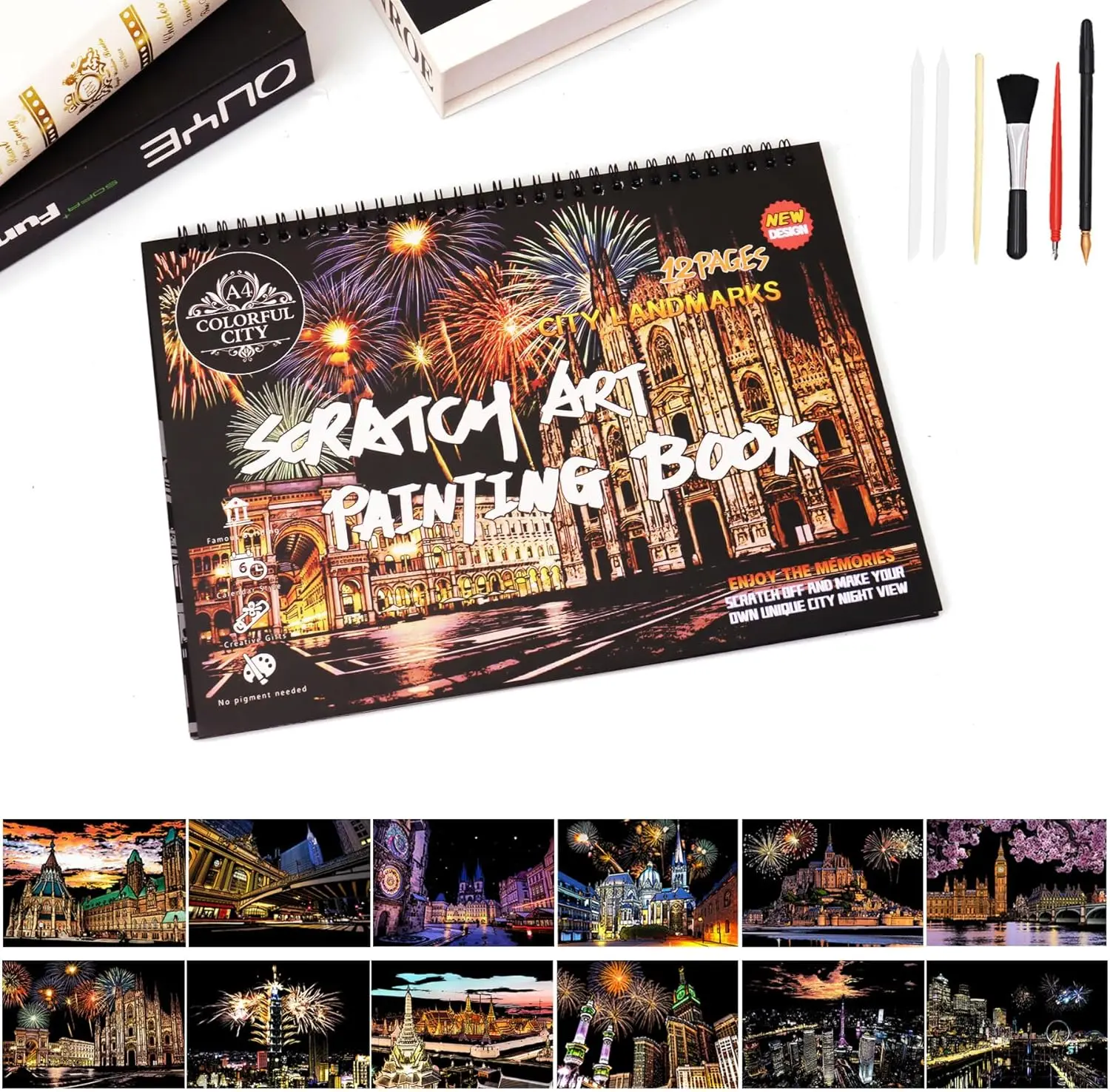 Scratch Art Book for Adults - 12 count Scratch Painting Foil Art for Adults Scratch City Series Books Foil Engraving Scratch Art Adult Set with 6 Tools