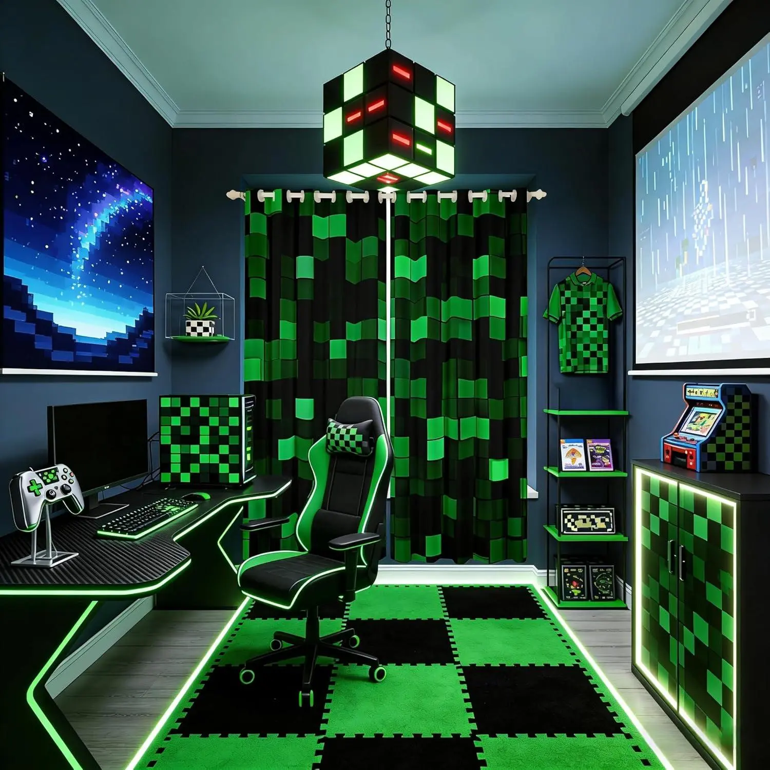 Pixelated Miners Game Boys Girls Room Decor,Geometric Check Video Games Window Curtains,Gamepad Camo Grid Blackout Curtains,Black Green 2 Panels