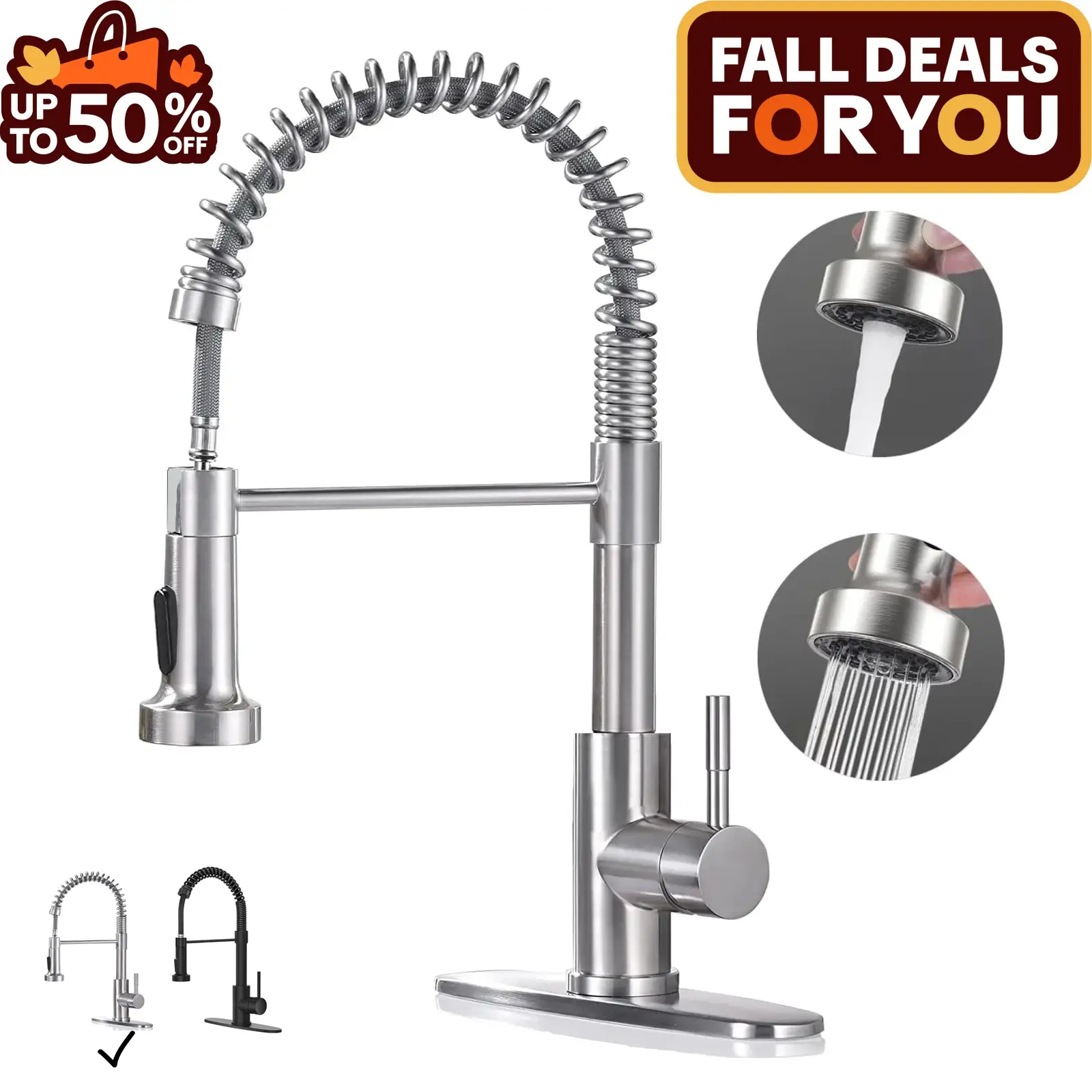 PHANCIR Modern Kitchen Faucet with Pull Down Sprayer Brushed Nickel Single Handle Compact Design Suitable for 1 or 3 Holes Fixtures