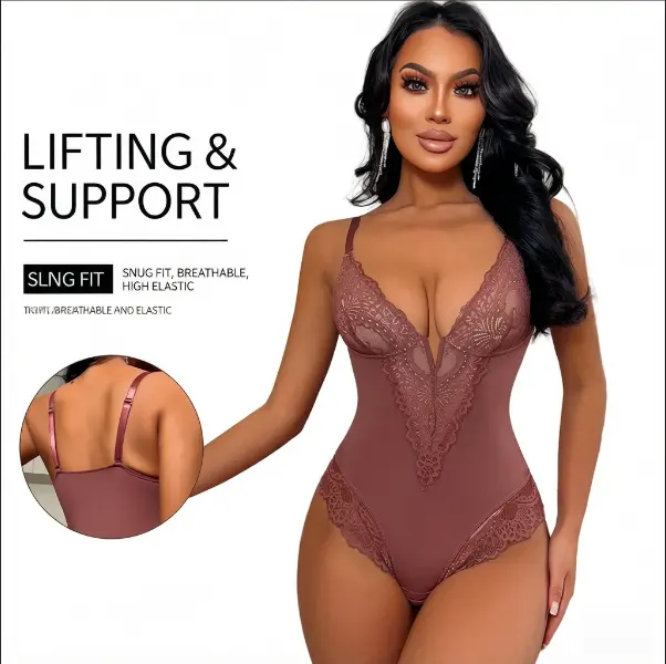 Shapewear Bodysuit,Deep-V Neck Lace Bodysuit,Breathable Smooth Sleeveless Long Sleeve Buckle Shaping Tops Women Outfit Match With Leather Skirts Adjustable Body Shaper Wireless Plunge  faja Women's Full Bust Sculpting  compression backless underwear