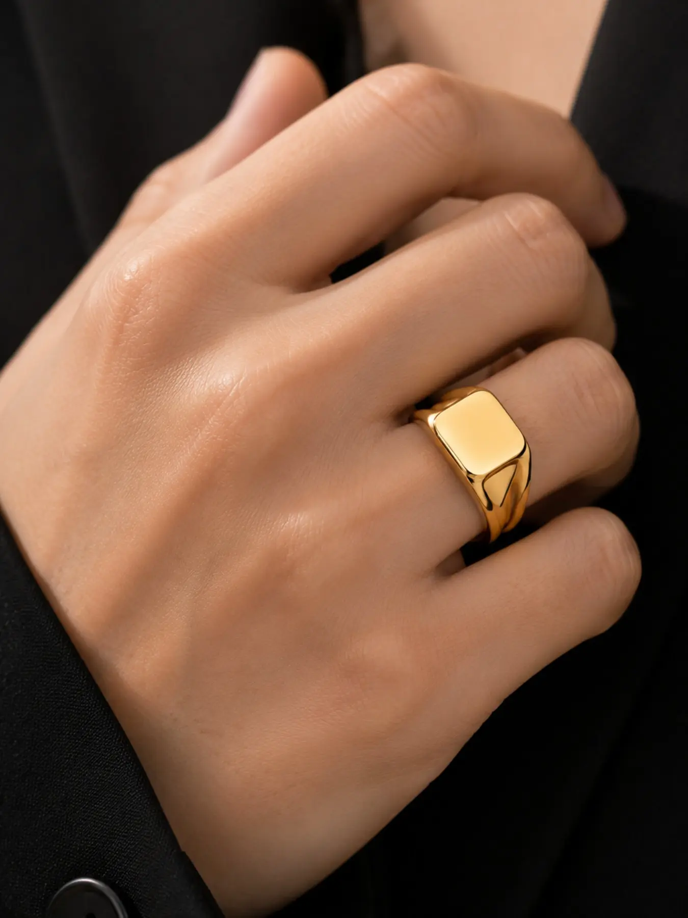 Men's Polished Square Signet Ring, Acquired Style Ring, Thick Solid Plain Band, Minimalist Street Punk Fashion, All Seasons Finger Accessory