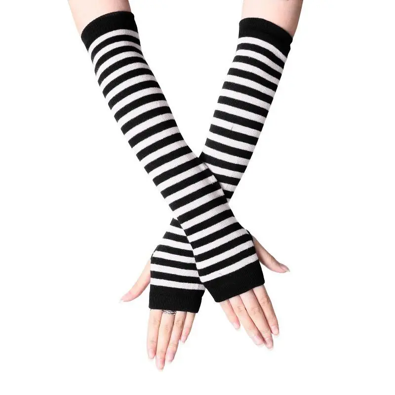 Women's Striped Fingerless Gloves Set - 6 Pairs Korean Style Polyester Long Knit Arm Sleeves with Thumb Holes, Breathable Form-Fitting Elastic Cute Half-Finger Mittens for Daily Outfits, Breathable Women's Gloves, Form-Fitting Women's Gloves