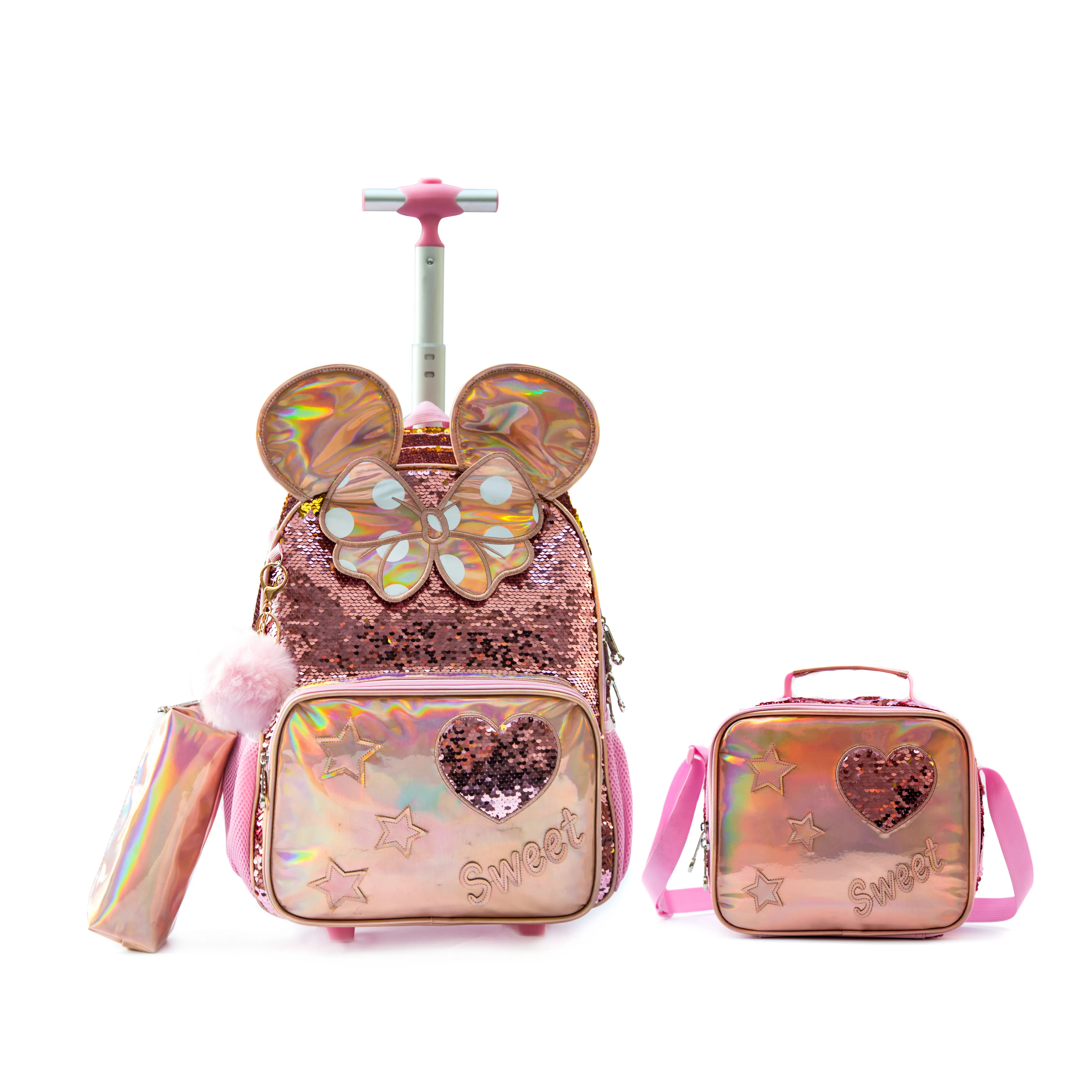 Girls Rolling Backpack for Elementary School, Cute Holographic Glitter 3-Piece Set with Lunch Bag, 2 Wheels, 3D Ears & Bow, School Kids, Zip