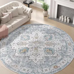 Vintage Floral Round Rug Machine WashableNon-Slip with Rubber Backing Ultra-Thin Low-Pile Carpet for Living Room Dining Room Entryway
