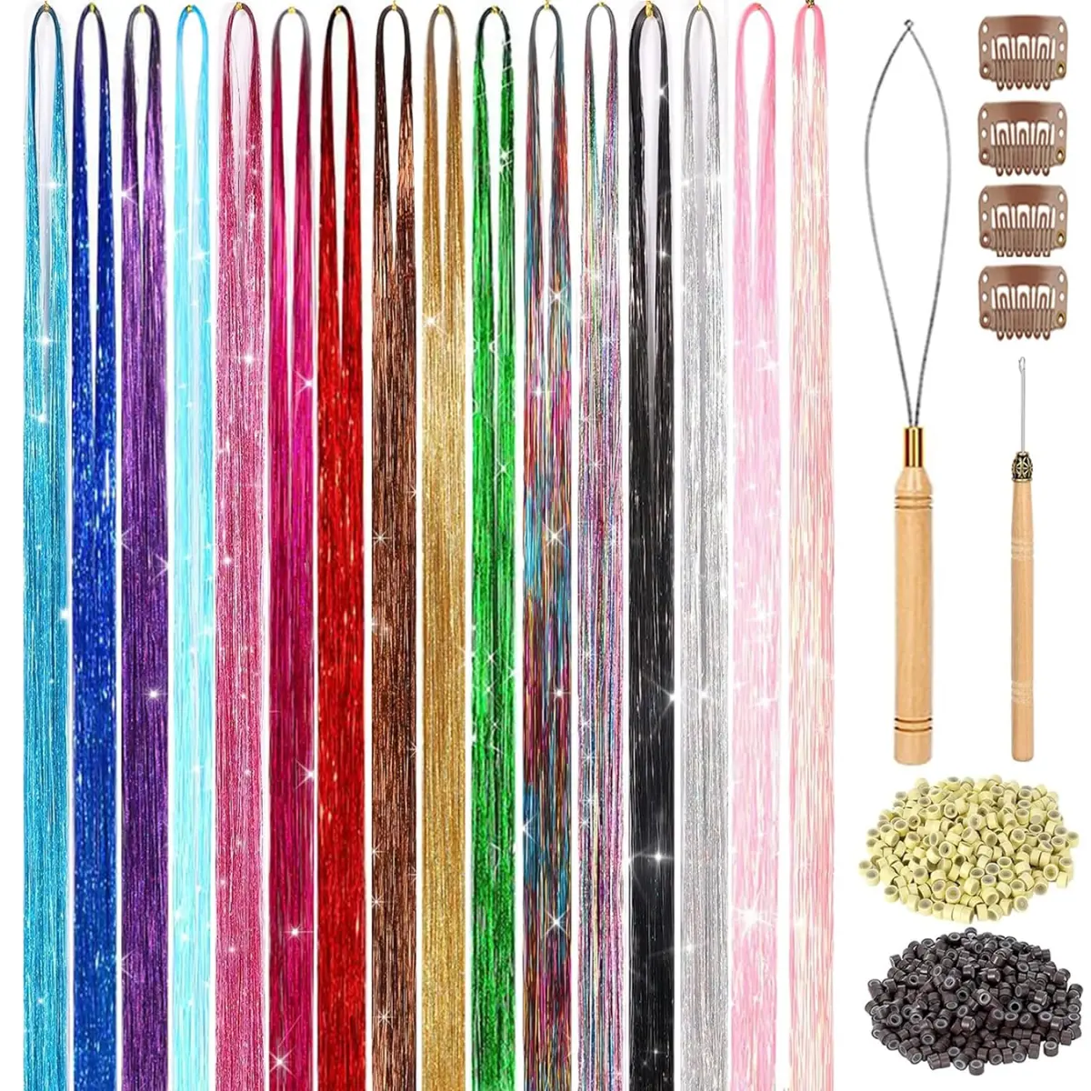 Hair Tinsel Kit, Fairy Tinsel Hair Extensions with Tools -Glitter Hair Tinsel Heat Resistant Accessories for Girls Kids Christmas