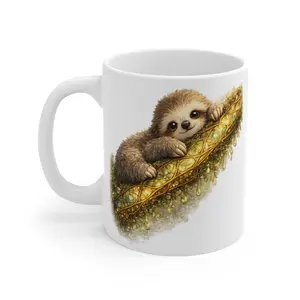 Baby Sloth Coffee Mug, Watercolor Sleepy Sloth on Stained Glass Branch, Cute Animal Mug Gift for Cozy Mornings