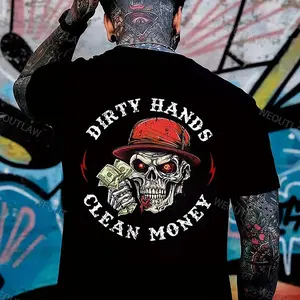Men's  Cotton Casual Crew Neck T-Shirt - "Dirty Hands Clean Money" Skull Graphic, Short Sleeve, Soft and Comfortable, Ideal for All Seasons