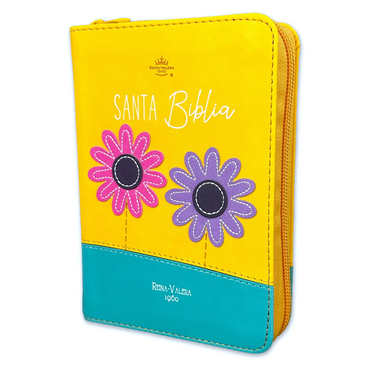 Bible in Spanish Pocketsize 8 Point Reina Valera 1960 Imitation Leather Yellow Turquoise flower with Zipper
