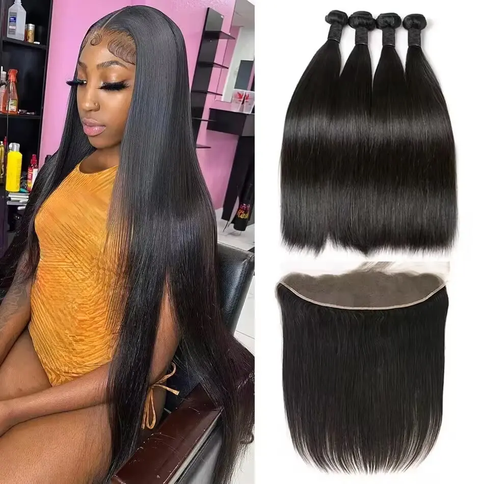 24K Extensions Straight Human Hair Bundles With 13x4 HD Lace Frontal Or 13x6 HD Lace Frontal With Extensions Brazilian Weavings 3 Bundles With Frontal for Women