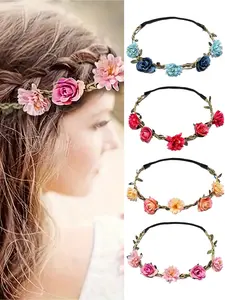 Elegant Floral Headbands for Women & Girls, Elastic Ribbon Hair Accessories, Perfect for Parties Weddings Beach Events, Set of 4