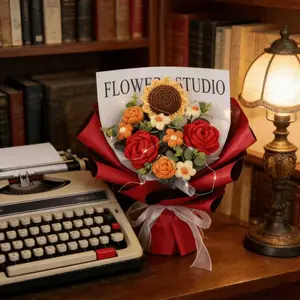 Handmade Crochet Flower Bouquet, Eternal Bouquets, Includes Sunflower, Tulip, Rose, Vibrant Knitted Artificial Flowers, Perfect Gift for Mother's Day