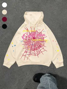 Hooded Spider Web Hoodie with Letter Print, Colorful Star Sleeves, Fitted, Street Punk Style, Gothic Style Hoodie, Trendy Youth Fashion, Perfect for Casual Wear