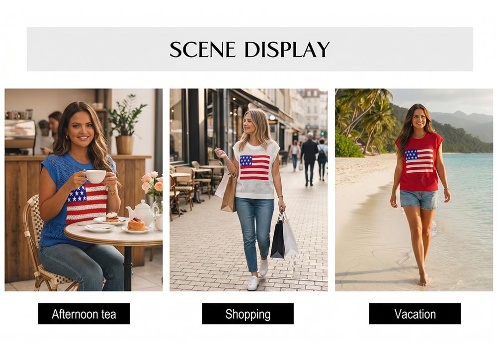 Asvivid Women's Crochet Flag Sweater Graphic Sleeved Sweaters Knit Top Womenswear Casual Crewneck Tshirt Loose Summer Clothes Fashion Tops