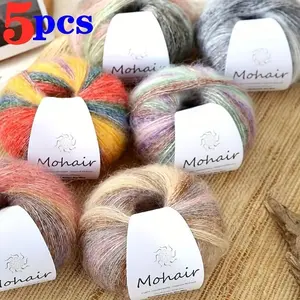 5pcs Mohair Yarn Skeins, Gradient Dye, Soft Long Staple, Mixed Color, for DIY Knitting and Crochet, Scarves and Sweaters, Crochet Yarn