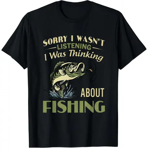 Women's Vintage Humor Graphic T-Shirt - "Sorry I Wasn't Listening" Funny Bass Fishing Print, Round Neck Shortsleeve, Casual Outdoor Style, Comfortable Fabric, Relaxed Fit, 1-Piece Casual Top, Funny Shirts, Valentines Day, Outdoors, Crew Neck, Cotton, Tee,