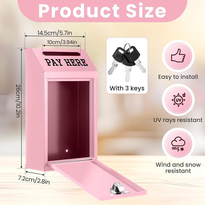 Safe  Box  Collection Metal Donation Box with Lock Wall Mount Pre Drilled Mailbox Delivery Ballot for Home Office Outdoor Self Serve Stand(Pink,10.2 x 5.7 x 2.8 Inch)