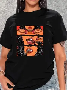 Women's Figure Print Round Neck Tee, Fashion Casual Streetwear Style Crew Neck Short Sleeve T-shirt for Daily Holiday Vacation Outdoor Wear, Ladies Top for Summer