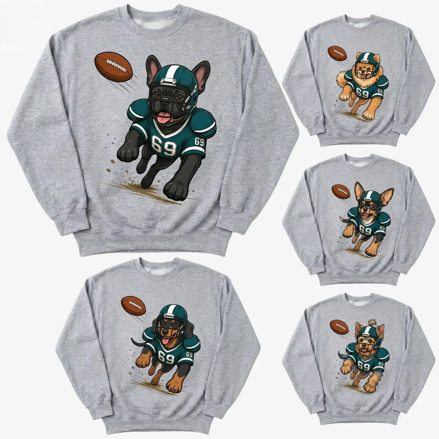 30+ Dog Breeds Football Dog Sweatshirt, Cute Puppy Game Day Graphic Crewneck, Vintage Pet Lover Pullover, Unisex Sports Fan Gift