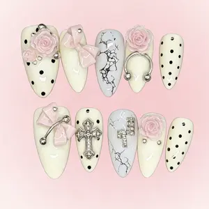 Bling by Allie CREAM ROSE BOW - 100% Handmade Press-On Nails | Resusable, Salon Quality, Long Lasting
