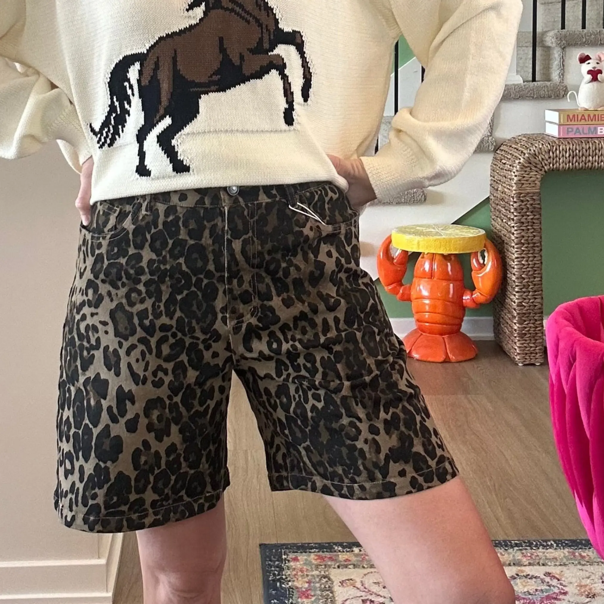 Caryn Cheetah Denim Shorts