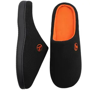 shoeslocker memory foam two-tone slippers waffle knit upper heel collar rubber sole non-marking noiseless indoor outdoor comfortable soft footwear; men's wide slip-on loafers arch support; women's fuzzy flip flop slippers black pointed toe knit, Shoe, Sli